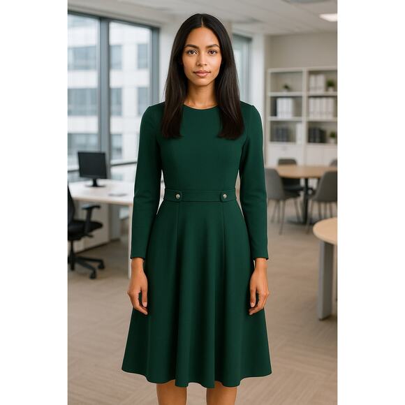 London Times Green A-Line Dress with Button Detail - Picture 1 of 4